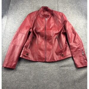 Women's XL Band Collar Faux Leather Crop Jacket Red Moto Biker Full Zip Grunge
